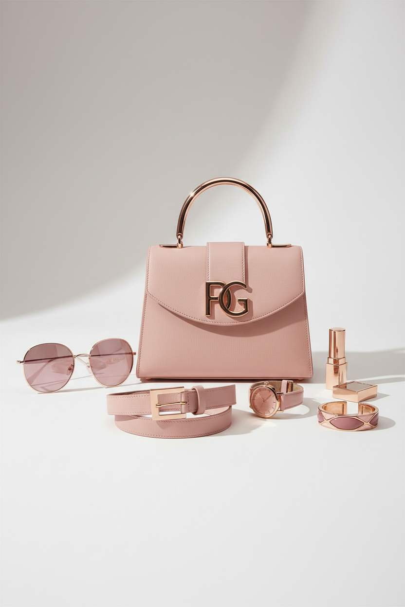 Realistic Luxury fashion accessories image in blush pink and rose gold tones. Elegant handbags, sunglasses, belts, and lifestyle accessories styled beautifully. Feminine, modern, high-end boutique aesthetic, clean background, soft lighting, dazzling and chic.
mobile friendly 