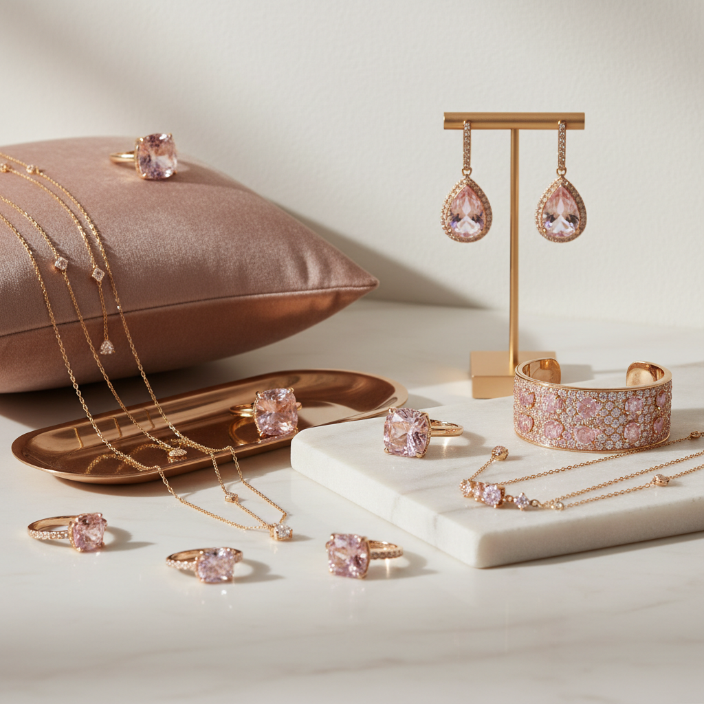 Realistic Luxury jewelry image in blush pink, champagne, and gold tones. Elegant rings, necklaces, bracelets, and earrings displayed beautifully. Feminine, refined, upscale boutique aesthetic, soft glow lighting, modern luxury fashion brand. Image Mobile friendly 
