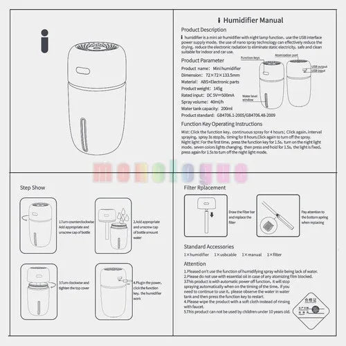 200ml Portable LED Humidifier & Aroma Diffuser – USB Powered with 7-Color Light - Dazzling Beauty Solution